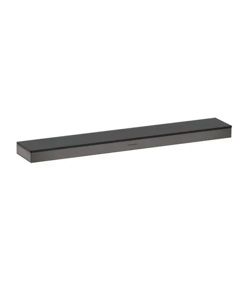 Ablage mit flacher, rechteckiger Form in Brushed Black Chrome. Die Oberfläche ist glatt und schlicht, typisch für Produkte der Marke Hansgrohe.